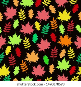Simple leaf pattern. Black background, different colored leaves . Autumn. The print is well suited for textiles, banners, Wallpapers and packaging.