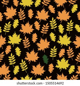 Simple leaf pattern. Black background, bright yellow and orange leaves. Autumn. Print is well suited for textiles, Wallpaper, banners and packaging.