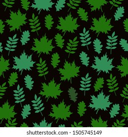 Simple leaf pattern. Black background, different green leaves . Print is well suited for textiles, Wallpaper, banners and packaging.