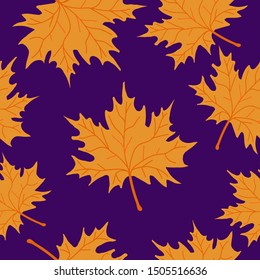 Simple leaf pattern. Purple background, bright orange maple leaves. Autumn. Print is well suited for textiles, Wallpaper, banners and packaging.