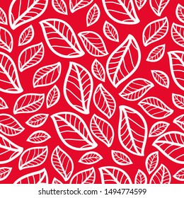 Simple leaf pattern. Red background, white leaves with streaks . The print is well suited for textiles, Wallpaper, banner and packaging.