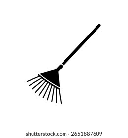 A simple leaf rake in a minimalist solid black icon style. A tool for yard work, gardening, and collecting autumn leaves.