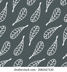 Simple leaf seamless pattern with stroke on dark background for textile wallpaper, packaging design and interior decoration