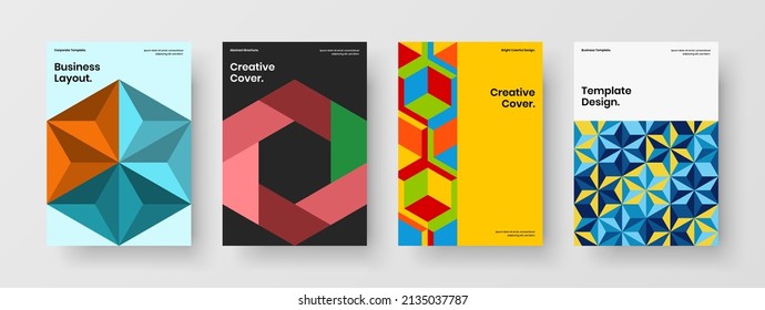 Simple leaflet A4 vector design layout set. Multicolored geometric shapes company brochure template composition.