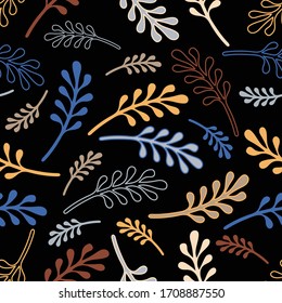 Simple leafy shapes on the black background seamless pattern