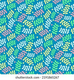 simple leave branches colorful seamless vector pattern. simple branches with stars seamless vector repeat pattern. It is suitable for textile, cloth, fabric, wrapping, packaging, mugs, sheets and more