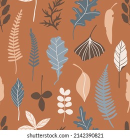 Simple leaves autumn brown seamless pattern. Vector botany surface. Flat floral silhouettes graphic design. Hand drawn herbarium elements. Modern fall seasonal texture for textile, paper, fabric