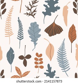 Simple leaves autumn seamless pattern. Vector botany surface. Flat floral silhouettes graphic design. Hand drawn herbarium elements. Modern fall seasonal texture for textile, paper, fabric