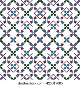 Simple leaves, butterfly, flower. Pixel mosaic. For design, textiles, presentations. Red, green, blue color