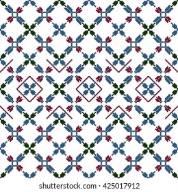 Simple leaves, butterfly, flower. Pixel mosaic. For design, textiles, presentations. Red, green, blue color. Embroidery pattern