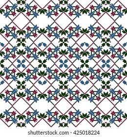 Simple leaves, butterfly, flower. Pixel mosaic. For design, textiles, presentations. Red, green, blue color
