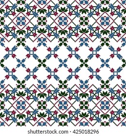 Simple leaves, butterfly, flower. Pixel mosaic. For design, textiles, presentations. Red, green, blue color