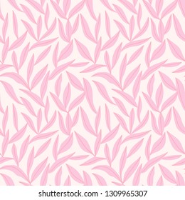 Einfache Blätter handgezeichnet nahtlos Muster. Botanisches Trenddesign in rosafarbenen Farben. Vektorillustration, die das Design für Stoffe, Tapeten oder Wrackpapiere wiederholt.