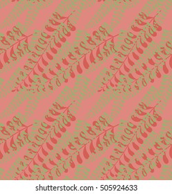 Simple leaves on pink.Hand drawn seamless background.Botanical painting design for fabric or textile.Seamless pattern with floral elements and vintage retro colors
