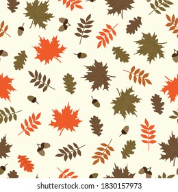 Simple leaves pattern. Autumn colored leaves of trees. Light background. Vector texture. Elegant print for Wallpaper.