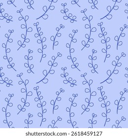 Einfaches Blattmuster, blauer Umriss auf hellblauem Hintergrund. Mittelmeer blau florale nahtlose Muster für Verpackung, Textil, Abdeckung, Scrapbooking