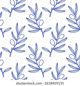 Folhas simples padrão azul contorno sobre fundo branco. Padrão sem emenda floral azul mediterrâneo para embrulhar, têxtil, cobrir, scrapbooking
