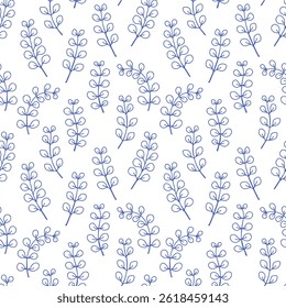 Folhas simples padrão azul contorno sobre fundo branco. Padrão sem emenda floral azul mediterrâneo para embrulhar, têxtil, cobrir, scrapbooking