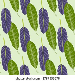 Simple leaves silhouettes seamless doodle pattern. Purple and green botanic ornament on light background. Great for wallpaper, textile, wrapping paper, fabric print. Vector illustration.