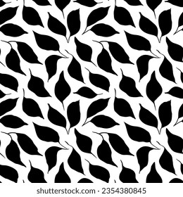 Simple leaves silhouettes seamless pattern. Black and white botanical ornament with branches. Hand drawn foliage silhouette texture. Doodle drawing plants. Natural seamless pattern with leaves.