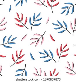 Simple Leaves. Vector Floral Seamless Pattern. Beautiful Leaf Colorful Background. Ditsy Floral Print. Summer and Spring Nature Wallpaper