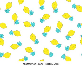 Simple lemon citrus seamless pattern, yellow fresh lemons with blue leaves endless pattern isolated on white. Lemon background, fresh summer and spring citrus fruit tropical seamless pattern