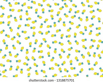 Simple lemon citrus seamless pattern, yellow fresh lemons with blue leaves endless pattern isolated on white. Lemon background, fresh summer and spring citrus fruit tropical seamless pattern