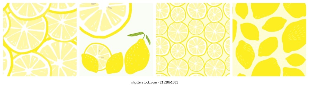 Simple lemon fruit and slice vector seamless pattern and clipart set.