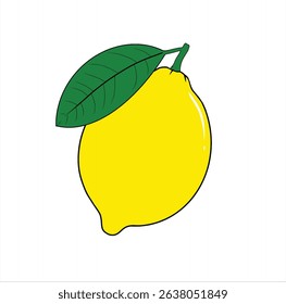 Simple lemon fruit vector with green leaf. Minimalist and clean style for food or nutrition themes.