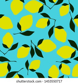 A simple lemon pattern. Bright blue background, juicy lemons on a branch. The print is well suited for textiles, Wallpaper and packaging.