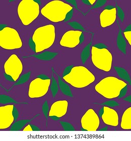 A simple lemon pattern. Purple background, juicy yellow lemons. The print is well suited for textiles,banners,postcards and Wallpapers.