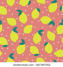 Simple lemon pattern. Ripe lemons on a coral background. Vector texture. Bright print for Wallpaper.