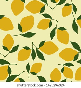 A simple lemon pattern. Yellow background, juicy lemons on a branch. The print is well suited for textiles,postcards and Wallpapers.