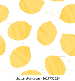 Simple lemon seamless pattern with scratch texture. Yellow fresh fruit background for textile, wrapping or kitchen decoration items.