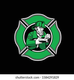 simple leprechaun fire fighter cartoon character badge logo vector template