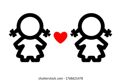 Simple lesbian couple icon in trendy flat style isolated on white background. Black and white homosexual family silhouette. Women in love. Print for apparel and design. 