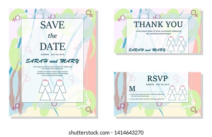 Simple lesbian couple in white wedding dresses. Same-sex family. Gay marriage. Two brides white slhouettes. For wedding invitation, Save the Date cards etc