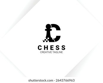 Simple letter C chess logo with pawn and chessboard symbol. Monogram logo template