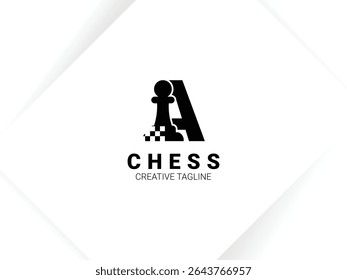 Simple letter A chess logo with pawn and chessboard symbol. Monogram logo template