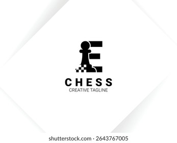 Simple letter E chess logo with pawn and chessboard symbol. Monogram logo template
