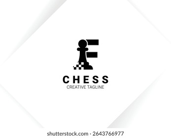 Simple letter F chess logo with pawn and chessboard symbol. Monogram logo template