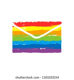 simple letter icon. Drawing sign with LGBT style, seven colors of rainbow (red, orange, yellow, green, blue, indigo, violet