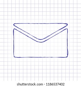 simple letter icon. Hand drawn picture on paper sheet. Blue ink, outline sketch style. Doodle on checkered background