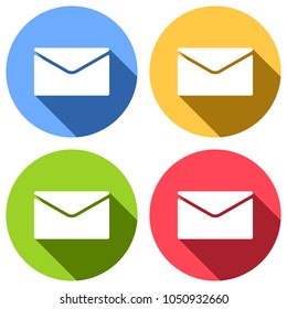 simple letter icon. Set of white icons with long shadow on blue, orange, green and red colored circles. Sticker style