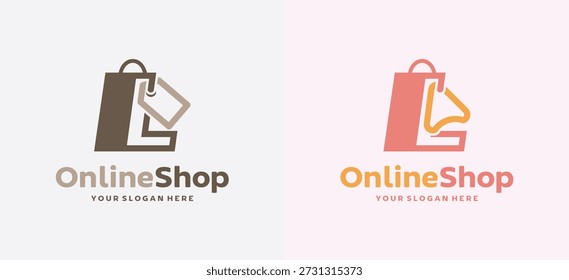 Simple letter L logo shaped as shopping bag with price label and cursor symbol. Suitable for ecommerce logos, online shops, retail branding, and digital marketplaces.