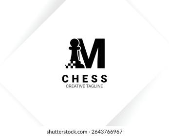 Simple letter M chess logo with pawn and chessboard symbol. Monogram logo template