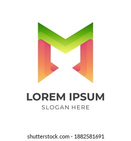 simple letter M logo design with 3d green and orange color style