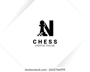 Simple letter N chess logo with pawn and chessboard symbol. Monogram logo template