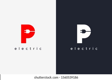 Carta simple P Plantilla de diseño de concepto de logotipo eléctrico aislada en fondo blanco y negro. Ilustración de vectores planos.