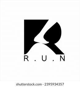 A simple letter R logo design with an illustration of feet standing on a rock.